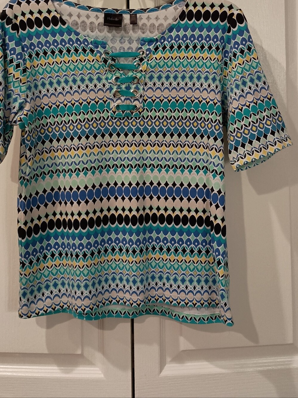 Rafaella Blue & Teal Geometric Lace-Up Short Sleeve Top